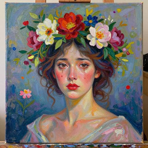 Vibrant oil painting of a young woman with wavy brown hair, red lips, and a colorful flower crown, set against a blue and purple