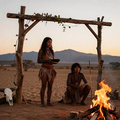 Indigenous People by Campfire at Sunset