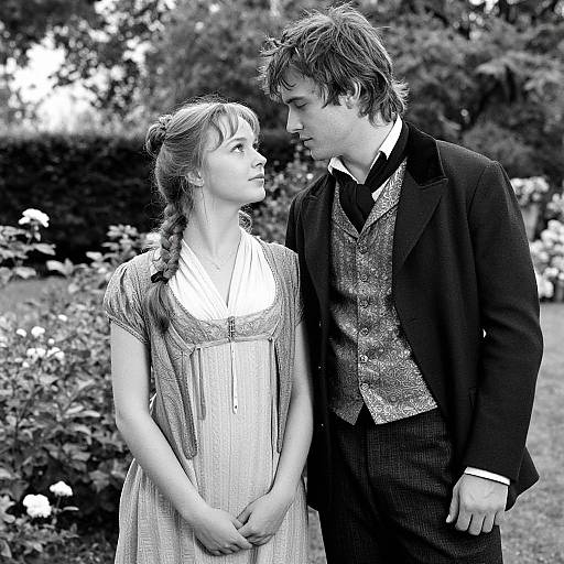 Black-and-white photograph of a young couple in period clothing, standing outdoors, gazing at each other with gentle expressions. She wears a light dress;