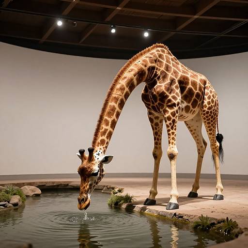 Photograph of a realistic giraffe sculpture drinking from a circular water feature in a modern, well-lit indoor exhibit.
