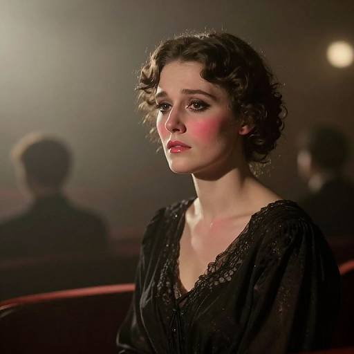 Photograph of a fair-skinned woman with curly brown hair, wearing a black lace dress, illuminated in a dimly lit theater. Blush on