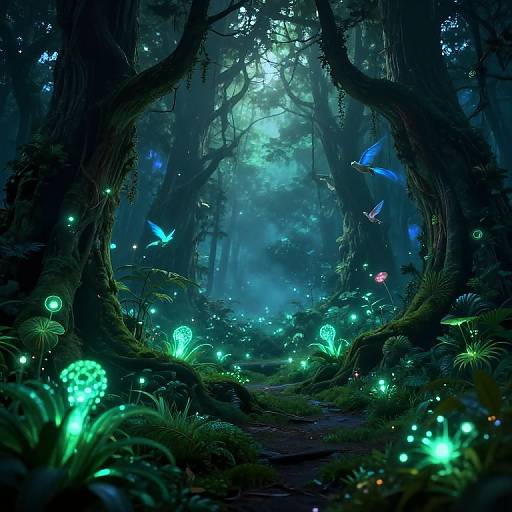Mystical forest scene with glowing blue and green bioluminescent mushrooms, vibrant butterflies, and ethereal light in a dark, dense woodland.