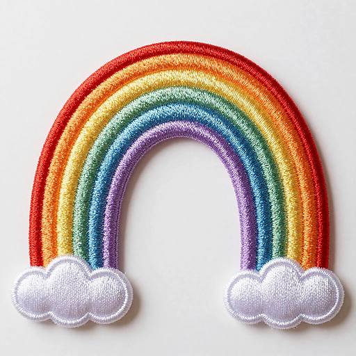 Colorful embroidered rainbow with five vibrant stripes (red, orange, yellow, green, blue) and two white clouds at the bottom.