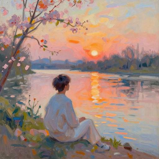 Impressionist painting of a person in white sitting by a colorful sunset-lit river, surrounded by blooming cherry blossoms.