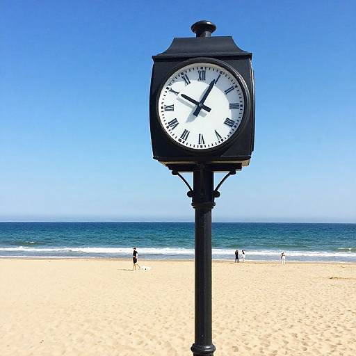 Photograph of a black, vintage-style clock standing on a sandy beach with clear blue sky, calm ocean, and distant figures.