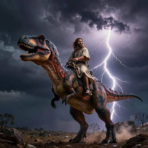 Jesus Riding Velociraptor in Storm