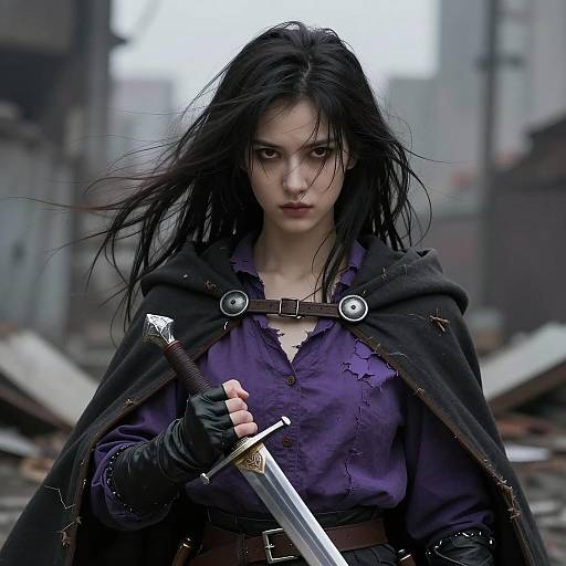 Mysterious Warrior in Urban Ruins