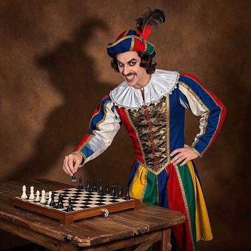 Photograph of a smiling man in elaborate Renaissance-style attire, playing chess with black pieces, shadowed against a brown background.