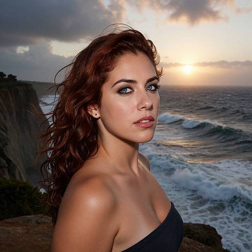 Photograph of a beautiful, fair-skinned woman with wavy auburn hair, blue eyes, and glossy pink lips, wearing a black strap