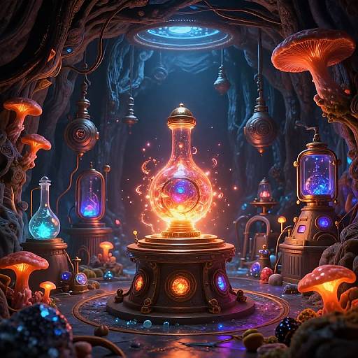Fantasy cave scene with glowing mushrooms, enchanted lanterns, and a central fiery orb emitting vibrant light. Digital art with rich, dark tones and vivid