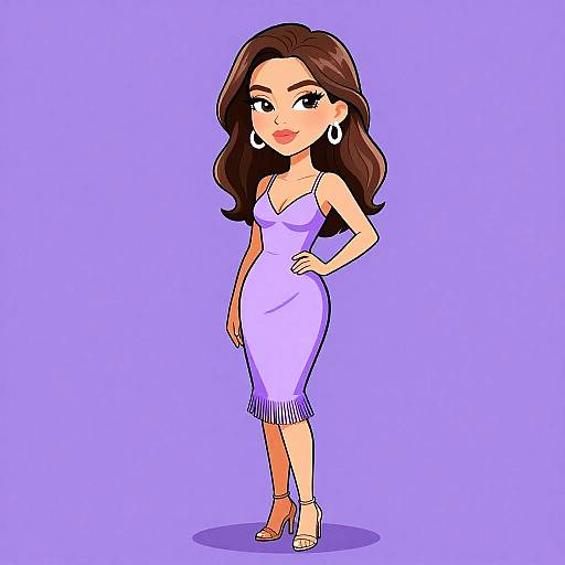 Digital cartoon of a confident woman with long brown hair, wearing a purple, sleeveless, V-neck dress, and white heels, against a solid purple