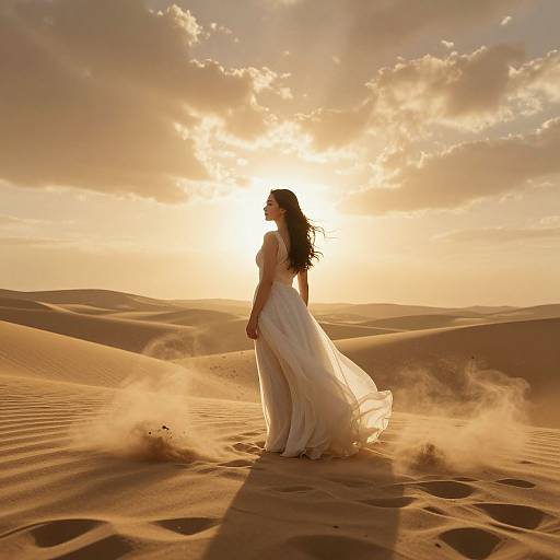 Photograph of a woman in a flowing white dress standing in golden desert sand dunes at sunset, with sun rays and clouds in the background.