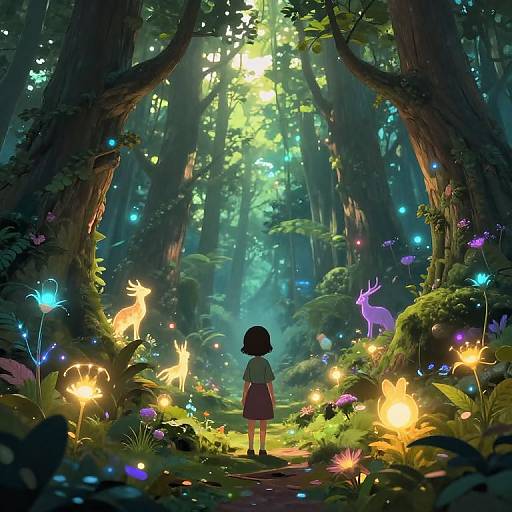 Digital artwork of a forest scene with a girl in a red dress, surrounded by glowing fireflies and ethereal creatures, sunlight filtering through tall trees.