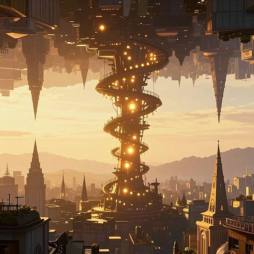 Digital artwork of a futuristic city at sunset, featuring a glowing, spiral tower illuminated by warm lights amidst dark, jagged skyscrapers.