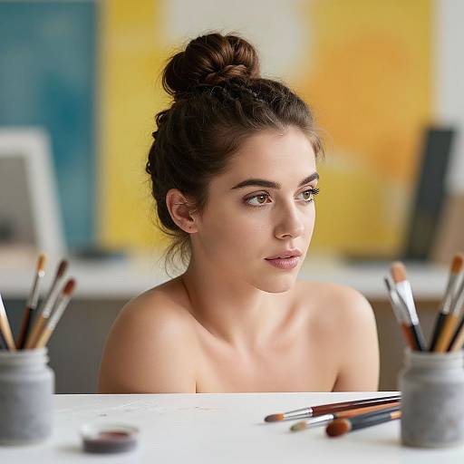 Photograph of a young woman with fair skin, dark brown hair in a bun, and brown eyes, sitting at a table with paintbrushes,