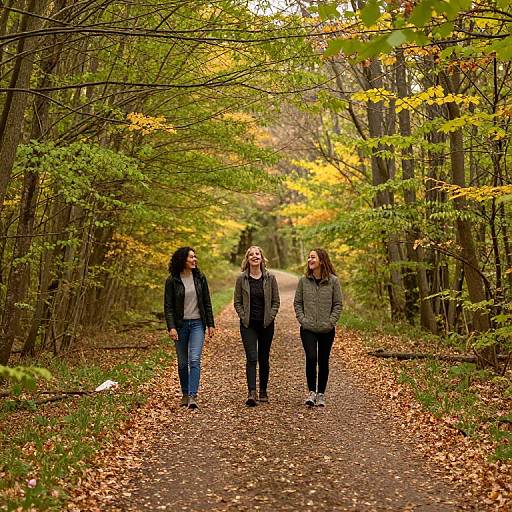 Photograph of three young women walking on a leaf-covered forest path during autumn, surrounded by yellow and green foliage.