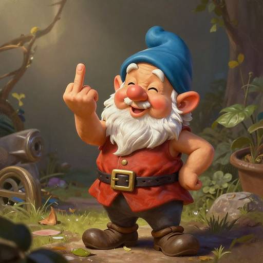 Digital illustration of a cheerful, chubby, red-nosed gnome with a blue hat, white beard, red shirt, and black pants, raising one finger