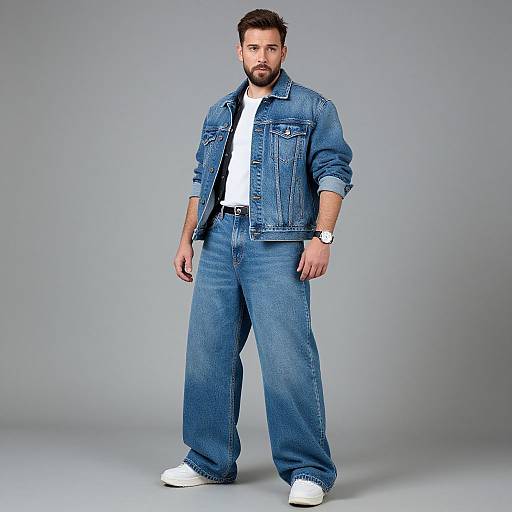 Photograph of a bearded man with short dark hair, wearing a blue denim jacket, white t-shirt, blue jeans, and white sneakers, standing