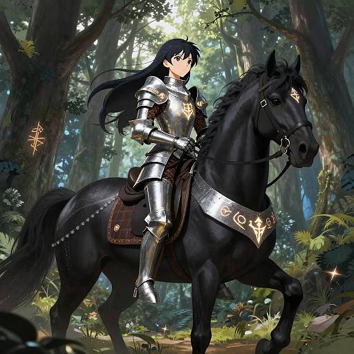 Digital illustration of a black-haired knight in silver armor riding a black horse through a sunlit forest, with glowing runes on the horse's saddle and armor