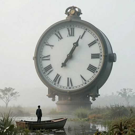 Photograph of a giant, vintage clock standing in a misty, grassy marsh, with a lone figure in a boat in the foreground.