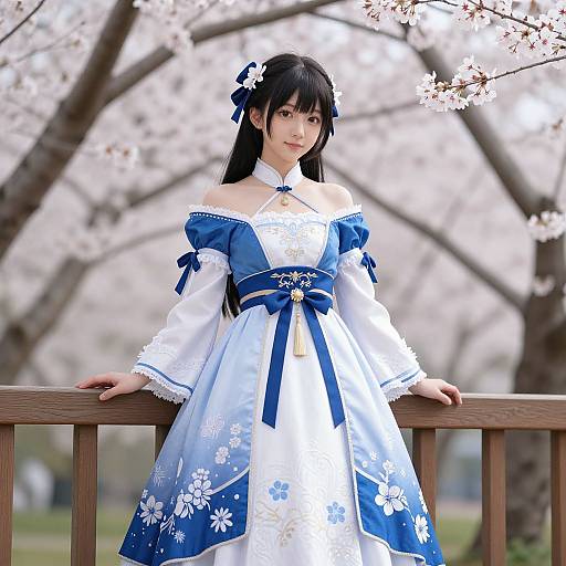 Photograph of an Asian woman in a blue and white traditional Korean dress with floral patterns, standing on a wooden railing, surrounded by cherry blossom trees in