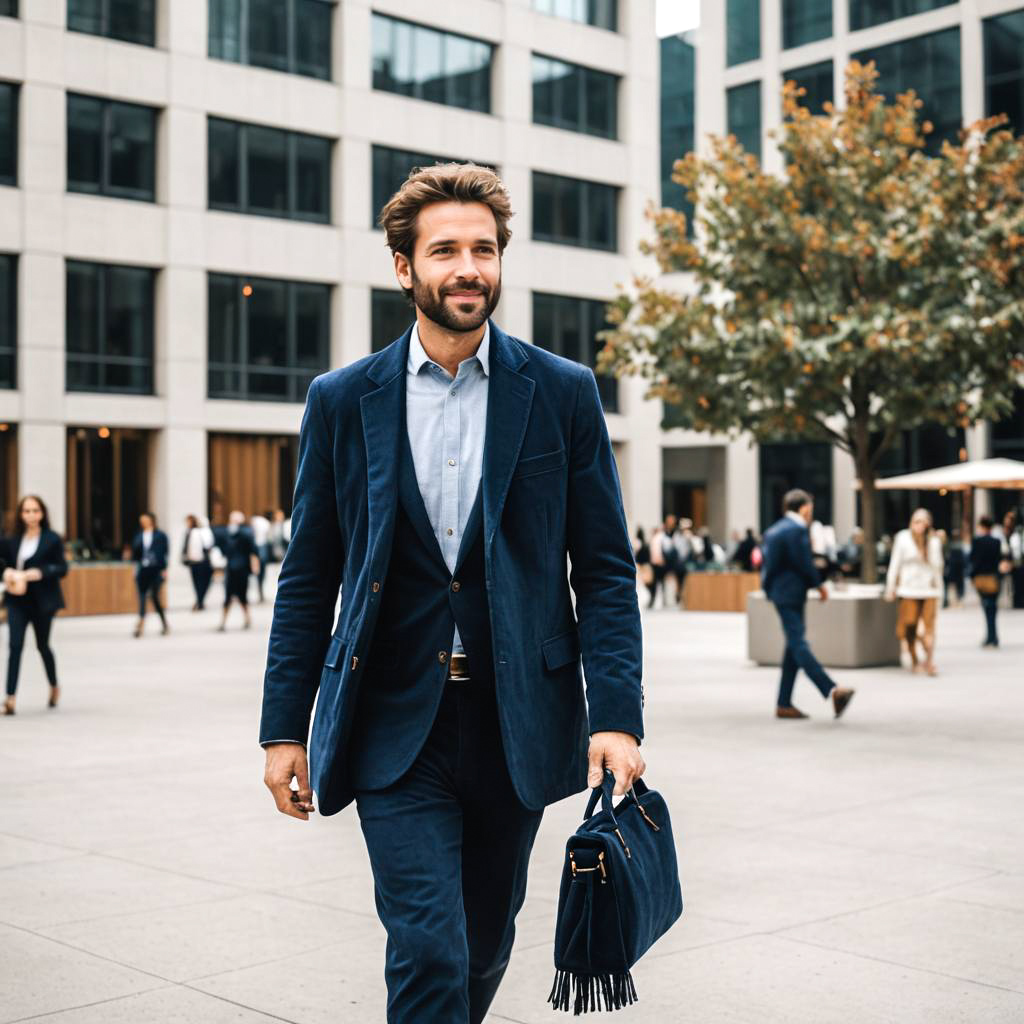 Businessman with Fringe Bag in Urban Plaza