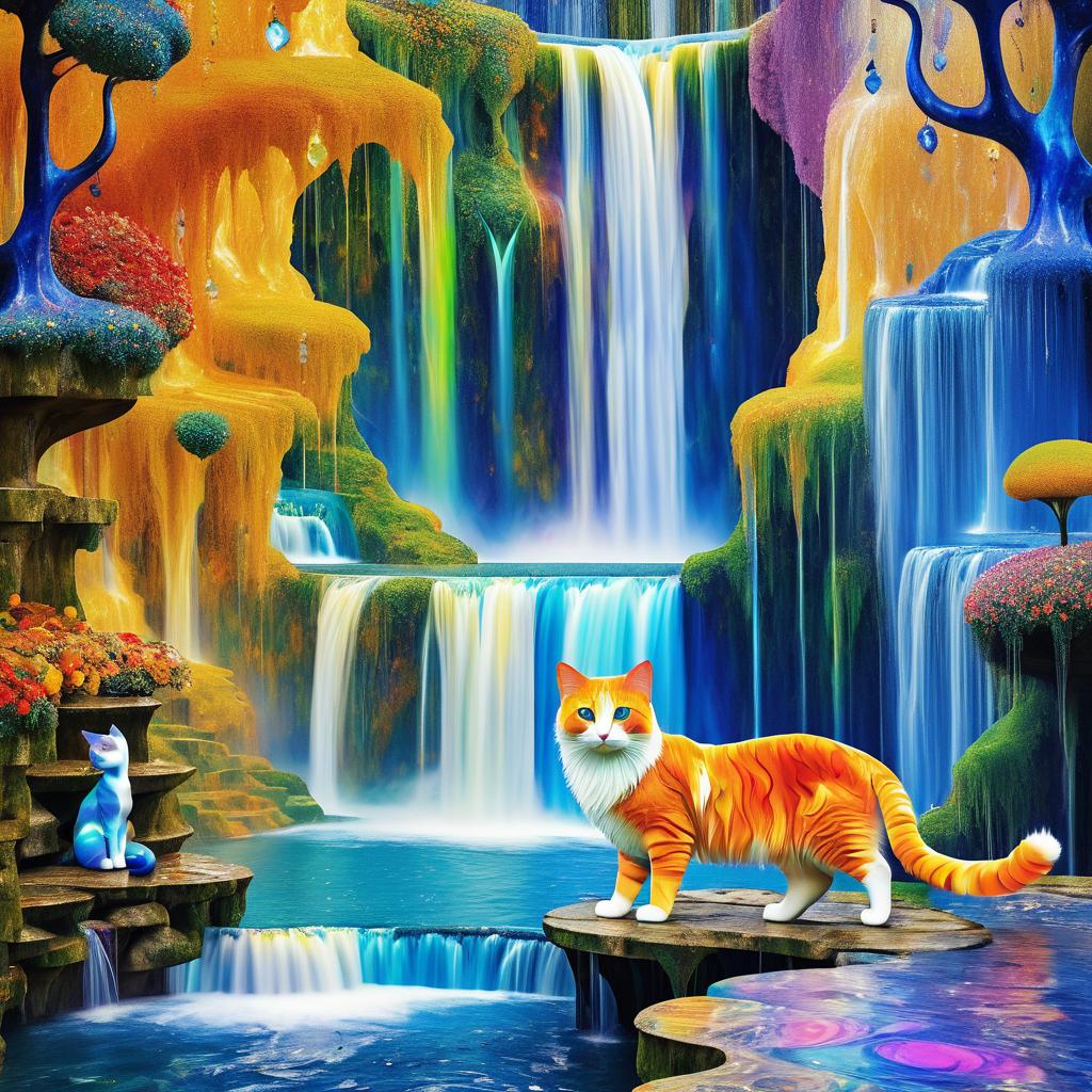 Surreal Cat Amidst Cascading Waterfalls