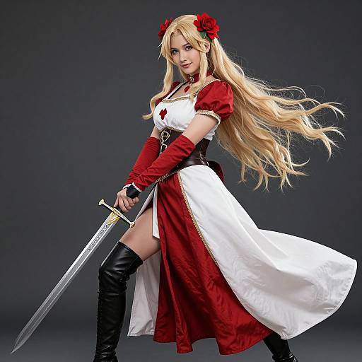 Photograph of a blonde woman in a red and white dress, black boots, red gloves, holding a sword, with red roses in her hair,