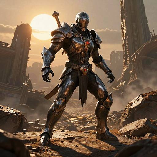 Photorealistic CGI of a muscular, armored warrior with a helmet, standing in a sunlit, ruined futuristic cityscape, surrounded by rubble.