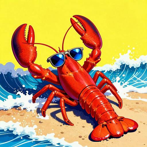 Colorful digital illustration of a red lobster wearing blue sunglasses, sitting on a sandy beach with waves crashing behind. Bright yellow sky contrasts with vibrant blue ocean