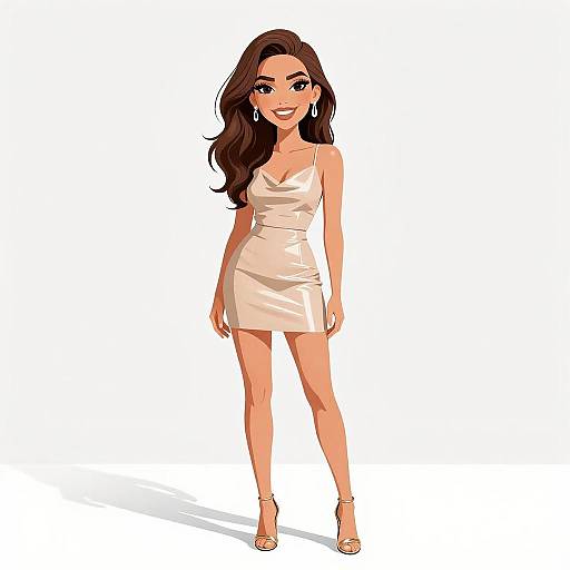 Digital illustration of a smiling woman with long brown hair, wearing a white, form-fitting, sleeveless dress and beige high heels, standing against a