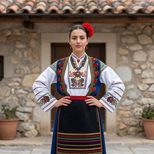 Photograph of a confident woman in traditional Spanish flamenco dress with colorful embroidery, red flower hair accessory, standing in front of a stone building with terr