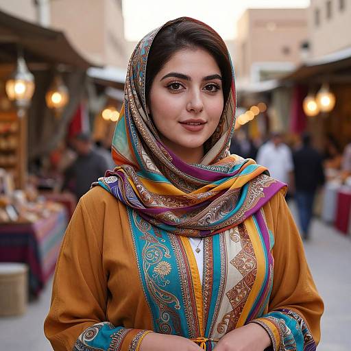 Photograph of a young South Asian woman with medium skin tone, dark hair, and brown eyes, wearing a colorful traditional salwar kameez with