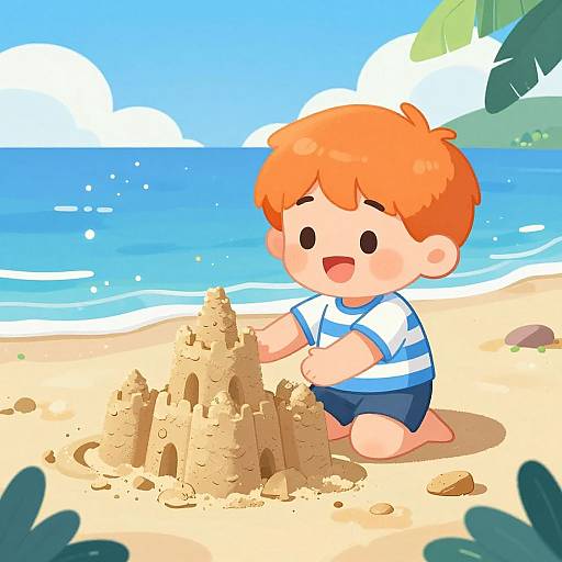 Cartoon-style drawing of a happy, red-haired boy in a white and blue shirt building a sandcastle on a sunny beach.