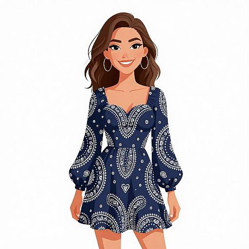 Digital illustration of a smiling woman with wavy brown hair, wearing a navy blue, patterned, long-sleeve dress, and large hoop earrings