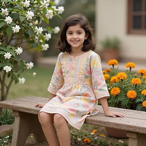 Photograph of a smiling young girl with wavy brown hair, wearing a floral dress, sitting on a wooden bench in a garden with white flowers and