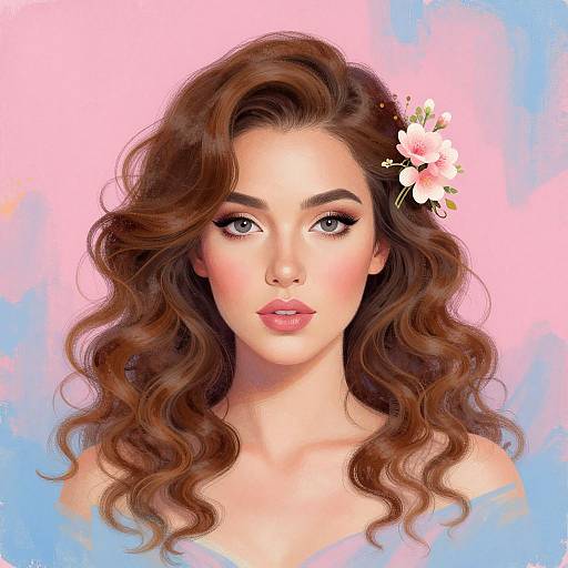 Digital painting of a beautiful woman with wavy brown hair, pink flower in her hair, blue and pink background, and soft, glowing skin.
