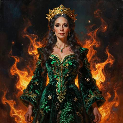 Digital painting of a regal woman with long dark hair, wearing a green velvet gown adorned with gold embroidery, crowned, surrounded by fiery flames. Dark