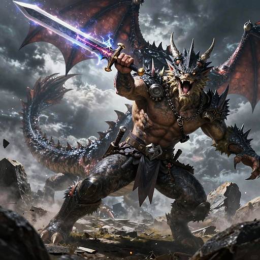 Digital fantasy artwork of a muscular, dragon-like warrior with dark scales, horns, and wings, wielding a glowing sword, standing in a rocky, storm