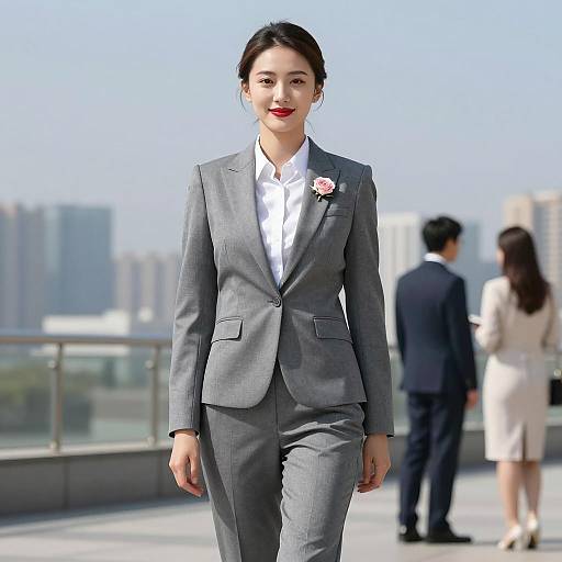 Confident Woman in Gray Wedding Guest Suit
