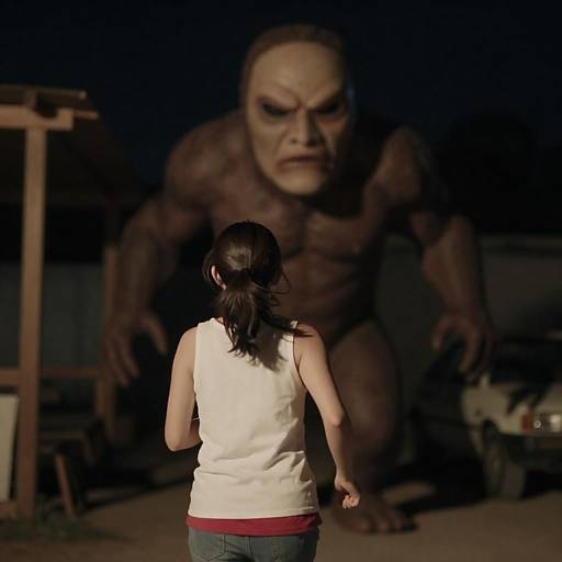 Woman Facing Large Mask-Faced Creature at Night