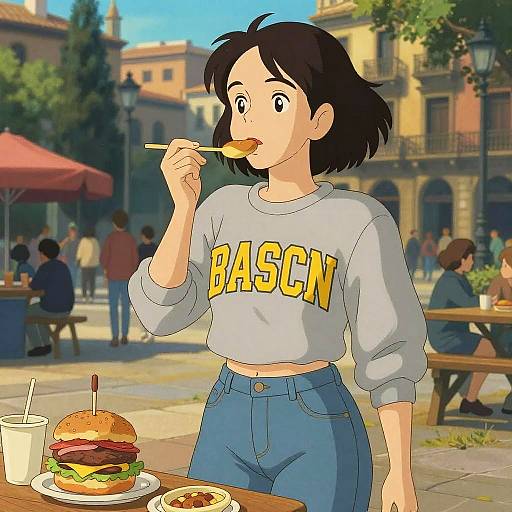 Studio Ghibli Woman Enjoying Barcelona Food