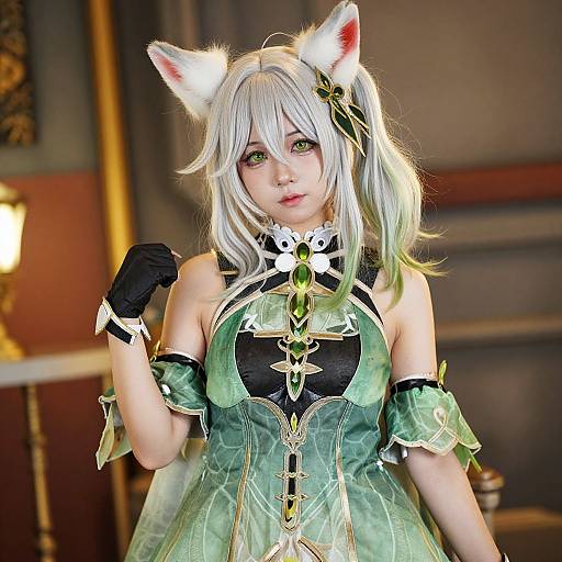 Digital anime-style photograph of a young woman with white cat ears, green eyes, and silver hair in a green and black fantasy dress. She wears black