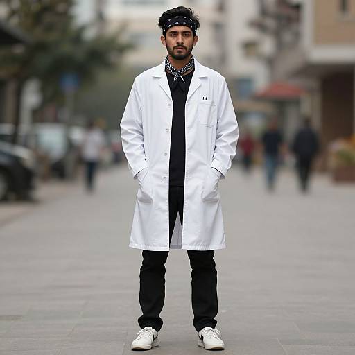 Photograph of a bearded man in a white lab coat, black pants, white sneakers, and bandana, standing on a blurred urban street.