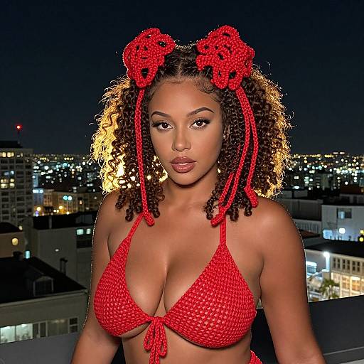 Photograph of a confident, curly-haired woman with red headbands and red crochet bikini, standing on a rooftop at night, city lights in the background