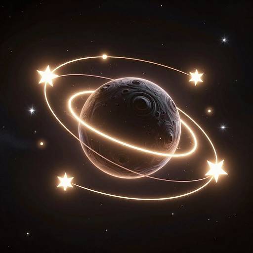 Digital CGI of a dark, textured planet with glowing, orbiting rings and bright, star-like points against a black, star-filled space background.