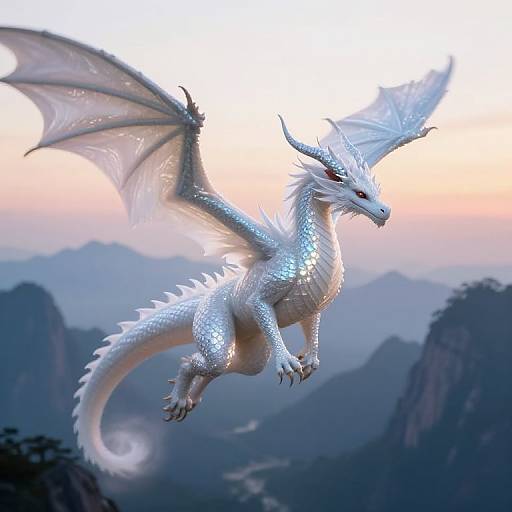 Digital illustration of a shimmering white dragon with translucent wings soaring over a misty mountainous landscape at sunset.