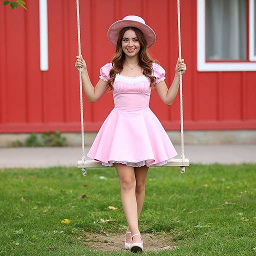 Photograph of a smiling young woman with long brown hair, wearing a pink dress, matching hat, white shoes, and holding a rope swing, in