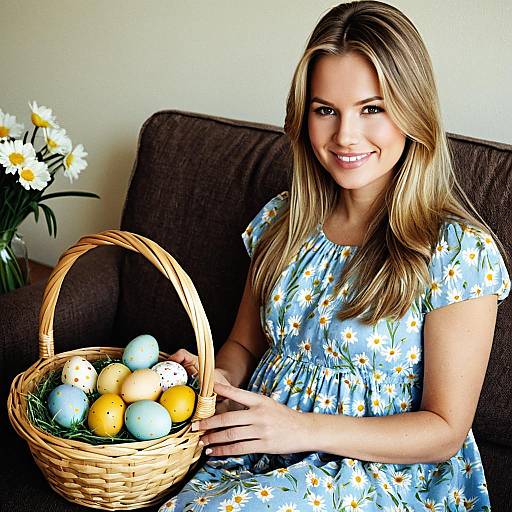Woman Holding Easter Basket with Painted Eggs