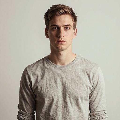 Photograph of a young Caucasian man with short, light brown hair, wearing a gray, long-sleeve, crew-neck shirt, against a plain